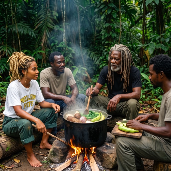 Cooking dinner in a pot over a fire in the jungle